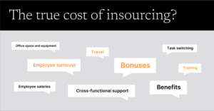 Examples of hidden costs of insourcing: Employee salaries, Bonuses, Employment taxes, Benefits, Office space and equipment, Travel, Cross-functional support, Employee turnover, Task switching