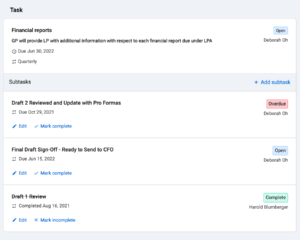 Product screenshot of Task and Subtask features