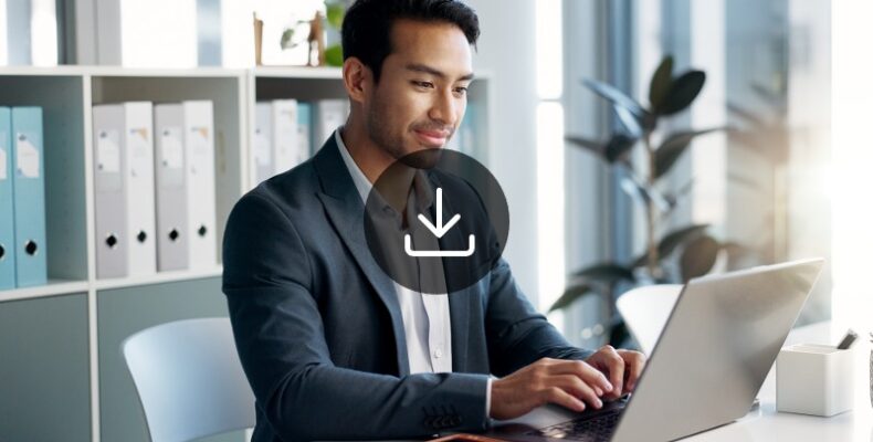 A photo of a man typing in a laptop computer with a play button icon overlaid.