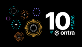 This image commemorates Ontra's 10-year anniversary. It features a bold, stylized graphic with the number "10" prominently displayed in a vibrant gradient of blues and purples, suggesting a sense of celebration and progress.