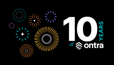 This image commemorates Ontra's 10-year anniversary. It features a bold, stylized graphic with the number "10" prominently displayed in a vibrant gradient of blues and purples, suggesting a sense of celebration and progress.