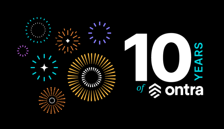 This image commemorates Ontra's 10-year anniversary. It features a bold, stylized graphic with the number "10" prominently displayed in a vibrant gradient of blues and purples, suggesting a sense of celebration and progress.