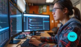 A woman works on coding in her computer in an engineering research and development setting