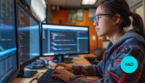 A woman works on coding in her computer in an engineering research and development setting