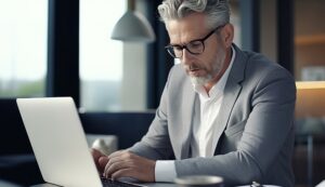 A man dressed in a grey suit typing on a laptop