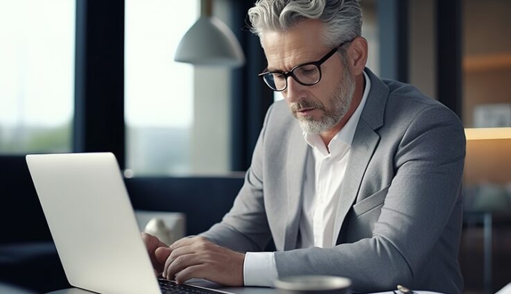A man dressed in a grey suit typing on a laptop