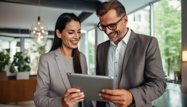 A man and a woman looking at a tablet