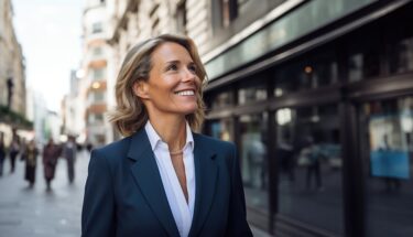 Woman in suit outside looking up and smiling