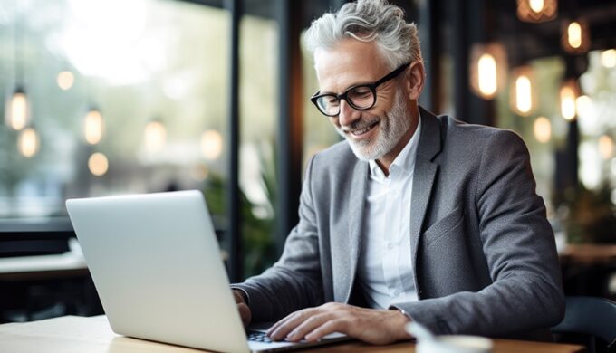 A man in grey suit typing into laptop computer