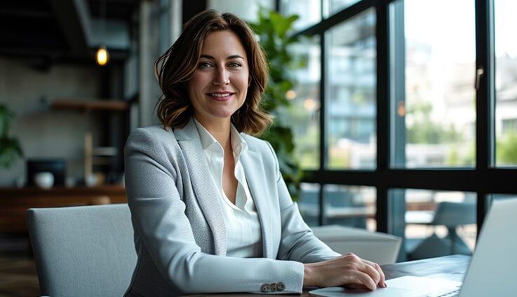 A professionally dressed woman smiling and typing on a computer