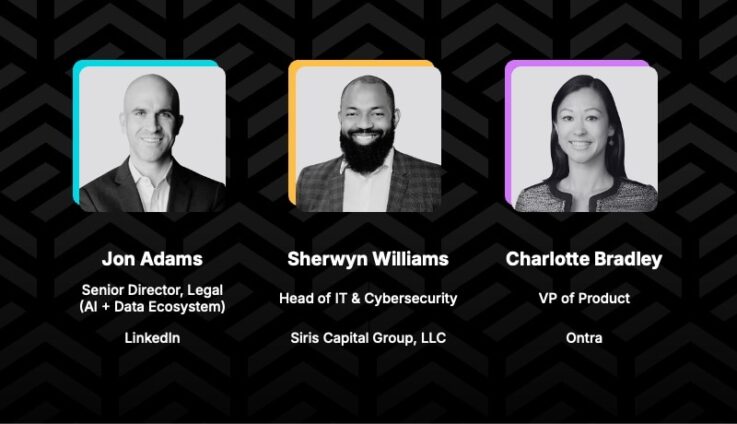Featured image for a webinar on AI implementation showing the headshots of each speaker