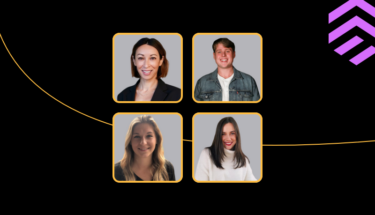 A vibrant image with four square headshot images of employees.