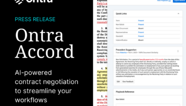 A social media graphic announcing the launch of Ontra Accord. The design includes text and a product screenshot visual element.