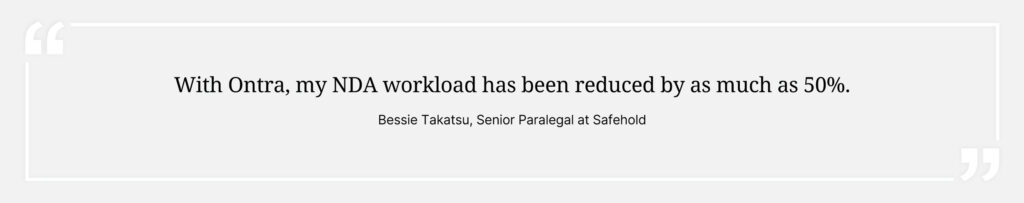 Quote from Bessie Takatsu, senior paralegal at Safehold. "With Ontra, my NDA workload has been reduced by as much as 50%."