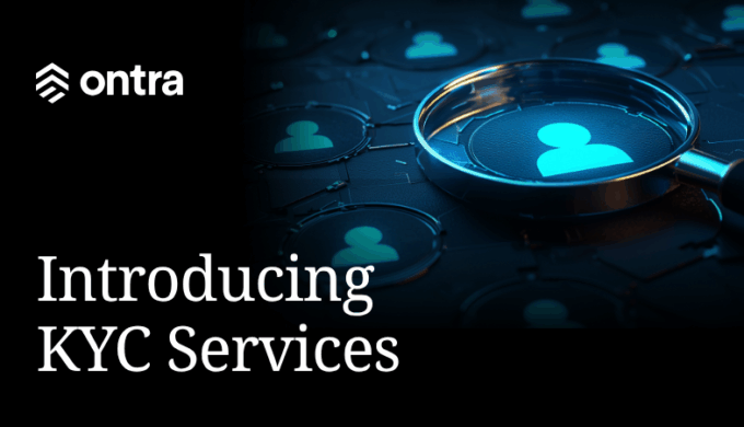Image says Ontra Intrroducing KYC Services with a picture of a magnifying glass looking at an icon of a person.